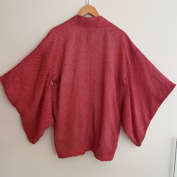 HAORI Kimono Sleeve Japanese Jacket Red Textured Fabric Jacquard Floral Lining - Picture 11 of 16